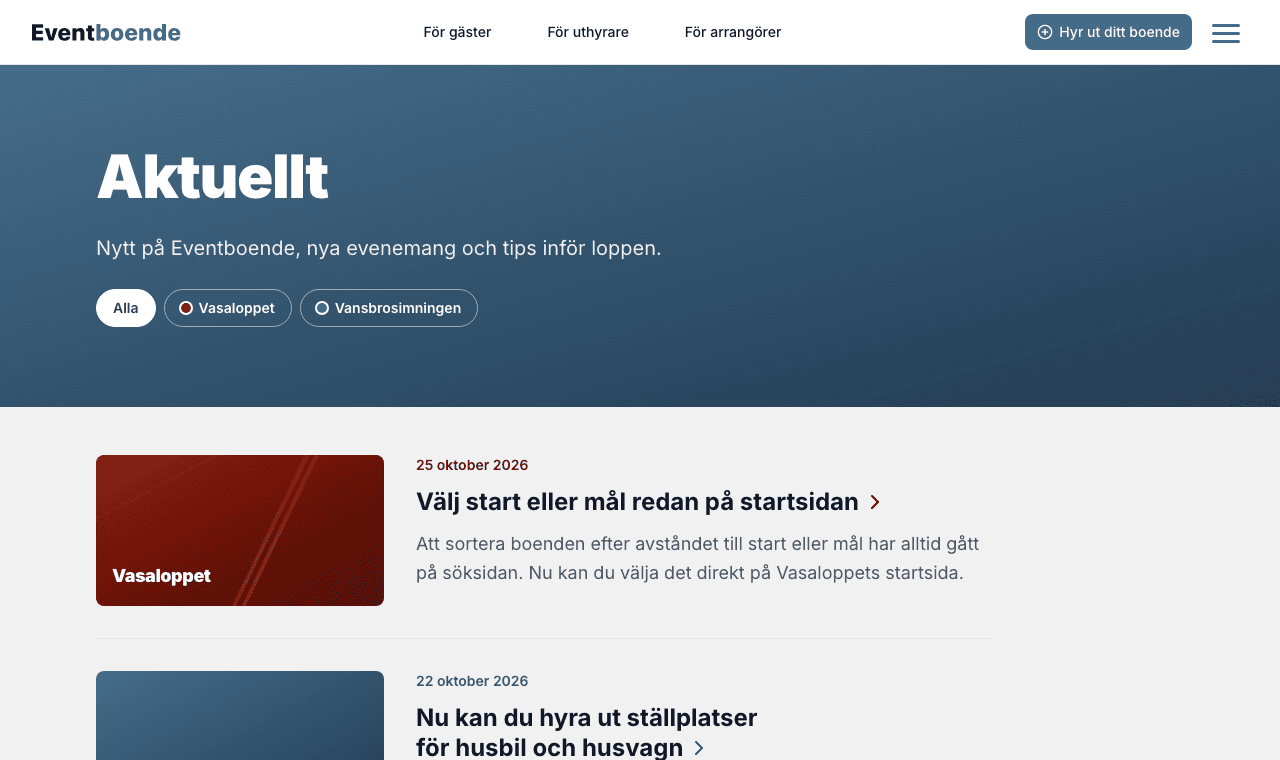 Sidan Aktuellt med rubriken Aktuellt, val för Alla, Vasaloppet och Vansbrosimningen, och nyheter listade under, var och en i sitt evenemangs färg