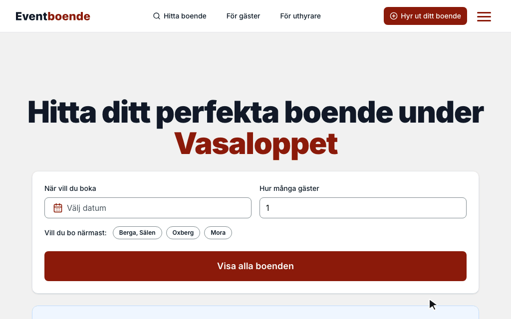 Startsidan för Vasaloppet. Någon väljer Mora under Vill du bo närmast och klickar på Visa alla boenden. Söksidan visar 28 boenden sorterade efter närmast mål, och det första ligger 770 meter från målet.